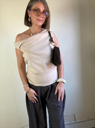 After Hours Asymmetric Neck Sweater Top | Light Taupe