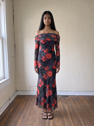 Midnight Bloom Off Shoulder Mesh Maxi Dress