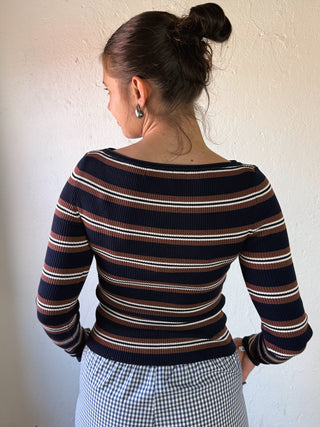 Navy stripe boat neck pullover by THE WORKSHOP STUDIO, LGSLV, featuring classic design and comfortable knit fabric.