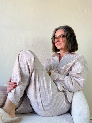 Pinstripe Button Up Pajama Set | Pink/Black