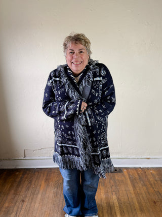 MABLE bandana fringe longline cardigan featuring a relaxed fit, long sleeves, and decorative fringe details in a stylish, casual design.