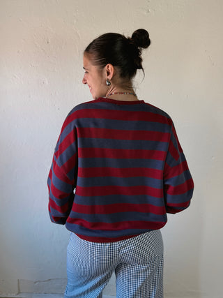 She + Sky Fireside Stripe Pique Top in wine and charcoal, featuring a stylish striped design and classic pique texture.