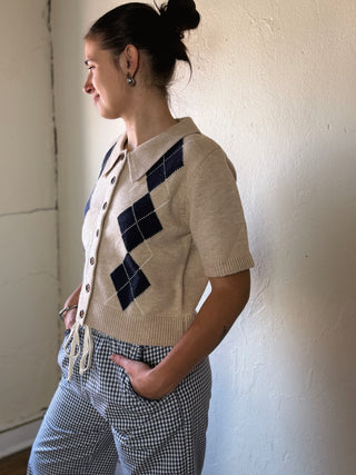ENTRO Prep School Argyle Short Sleeve Cardigan, blue and gray knit with classic argyle pattern and button front.