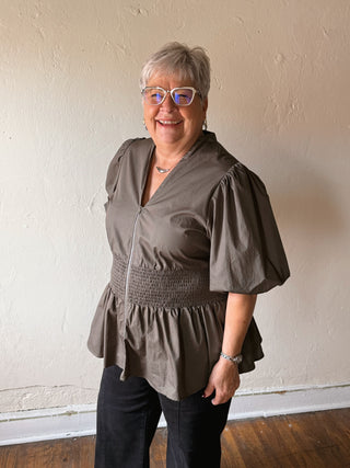 Extended Size Smocked Waist Zip Front Top