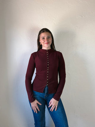 The Sutton Button Mock Neck Top | Oxblood