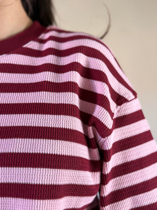 Waffle Knit Striped Top | Burgundy/Pink