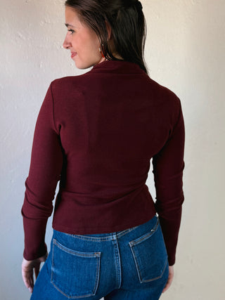 The Sutton Button Mock Neck Top | Oxblood