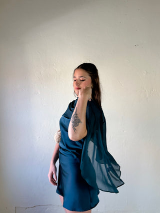 LE LIS satin cape overlay slip dress with elegant draped design and smooth fabric, perfect for stylish evening wear.