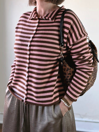 Elina Striped Collar Knit Top | Brown/Blush