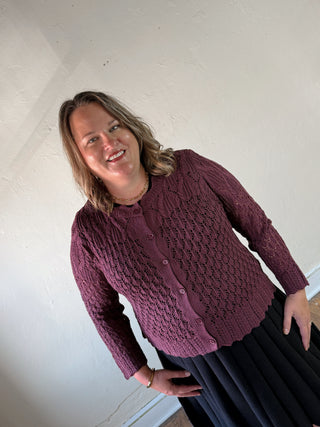 Cozy Co POUT crochet cardigan in merlot with scallop collar, extended size, featuring a textured knit design.
