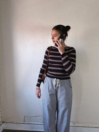 Navy stripe boat neck pullover by THE WORKSHOP STUDIO, LGSLV, featuring a classic striped pattern and comfortable fit.