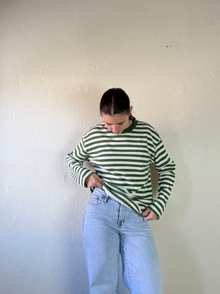Waffle Knit Striped Top | Olive/Cream