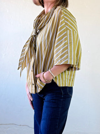 Dijon Striped Tie Collar Blouse