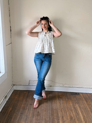High Rise Bootcut Jeans with Distressed Details