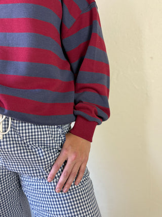 She + Sky Fireside Stripe Pique Top in wine and charcoal color, featuring a classic striped pattern and pique texture.