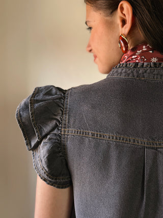 Washed Black Ruffle Denim Mini Dress