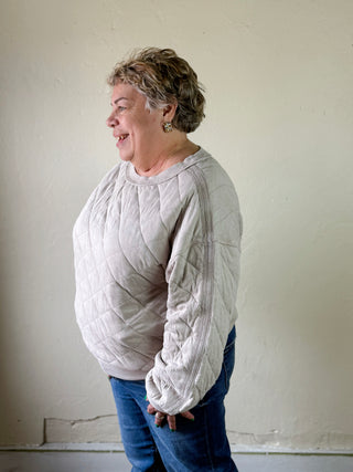 Quilted Off Shoulder Pullover | Beige Taupe