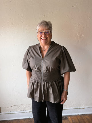 Extended Size Smocked Waist Zip Front Top