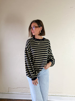 Striped French Terry Top | Olive/Navy