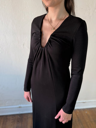 Stevie Jane After Dark Ruched Maxi Dress in black, featuring a fitted bodice and flowing skirt, perfect for evening wear.