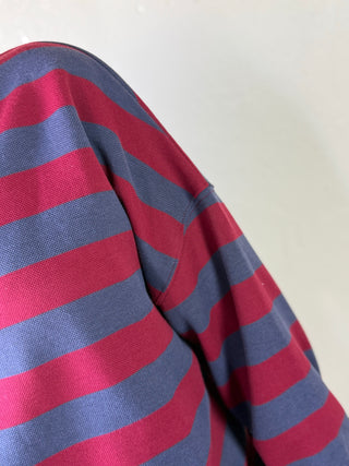 She + Sky Fireside Stripe Pique Top in wine and charcoal, showing a close-up of the textured knit fabric and striped pattern.