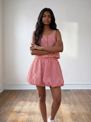 Red Gingham Bubble Mini Skirt