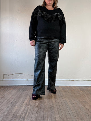 Grey and black coated leopard print straight-leg pants from Molly Bracken, featuring a sleek, fitted design and stylish pattern.