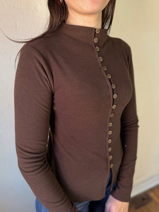 The Sutton Button Mock Neck Top | Brown