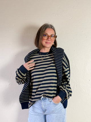 Striped French Terry Top | Olive/Navy
