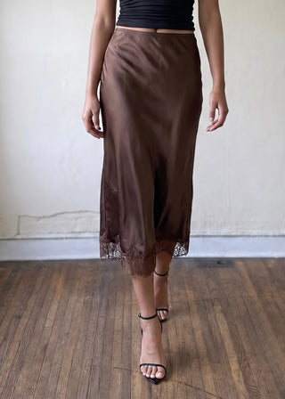 After Dark Satin Midi Skirt | Brown 