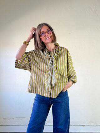 Dijon Striped Tie Collar Blouse