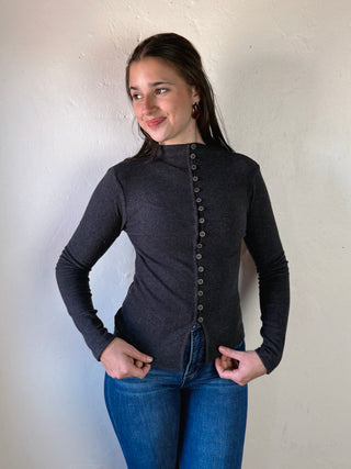 The Sutton Button Mock Neck Top | Charcoal