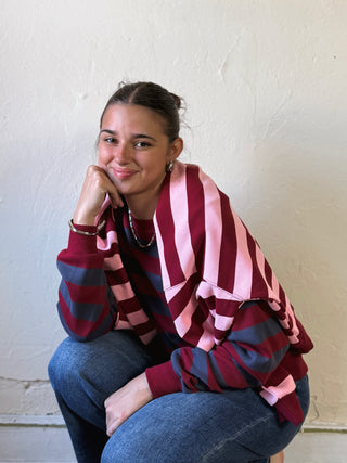 LSKT Fireside Stripe Pique Top by SHE + SKY in garnet and pink, featuring a stylish striped design and pique fabric texture.