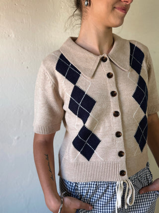 ENTRO Prep School Argyle Short Sleeve Cardigan, navy with argyle pattern, showcasing a classic, preppy design suitable for students.