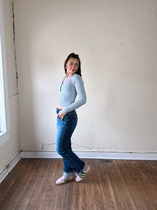 High Rise Bootcut Jeans with Distressed Details