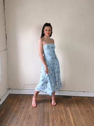 Strapless Ruched Waist Midi Dress