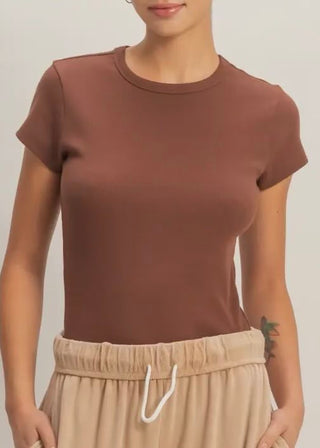 Basic Chocolate Ribbed Short Sleeve Top