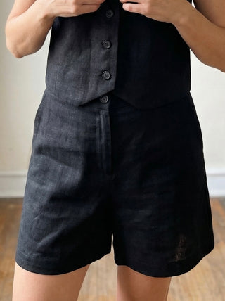 Black Tailored Linen Blend Shorts