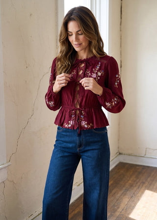 Bordeaux Bloom Embroidered Tie Front Blouse