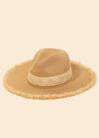 Braided Fringe Fedora Straw Hat whit white background 