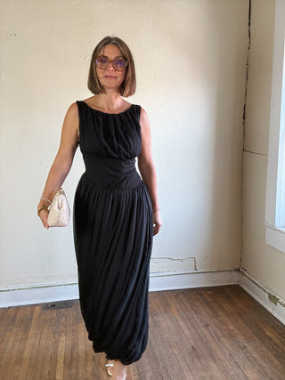 Midnight Draped Bubble Hem Midi Dress