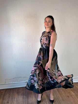 Flying Tomato Midnight Garden Midi Dress featuring floral print and flowing fabric, perfect for casual and semi-formal occasions.