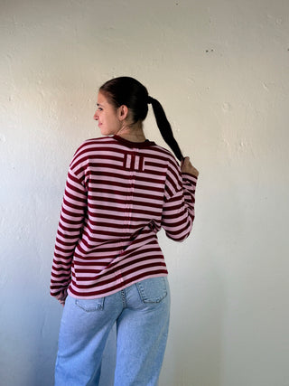 Waffle Knit Striped Top | Burgundy/Pink