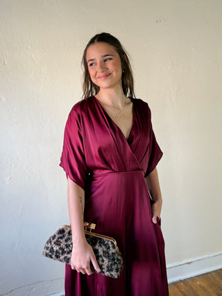 Maroon satin kimono sleeve midi dress from SUNDAY EDITION BY LE LIS, featuring elegant design and flowing fabric.