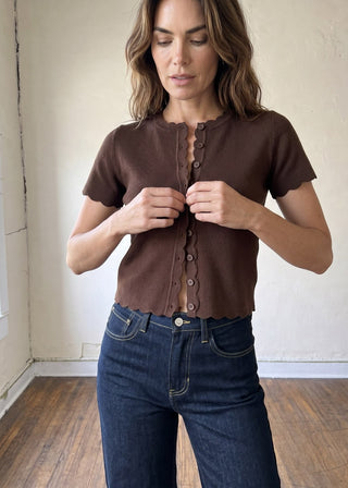 Charlotte Scallop Button Sweater Tee | Brown