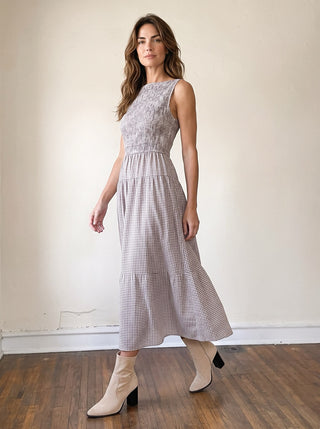 Brown checked gingham midi dress by BLU PEPPER featuring a classic, stylish design perfect for casual or semi-formal wear.
