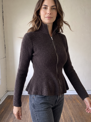 Sculpted Rib Zip Cardigan | Chocolate Brown