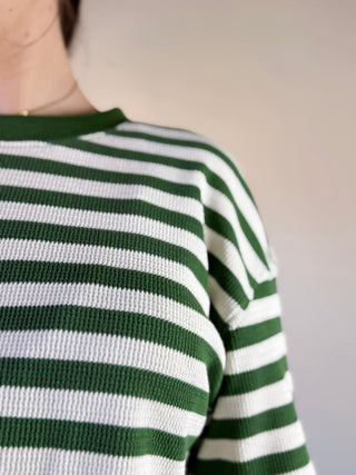Waffle Knit Striped Top | Olive/Cream