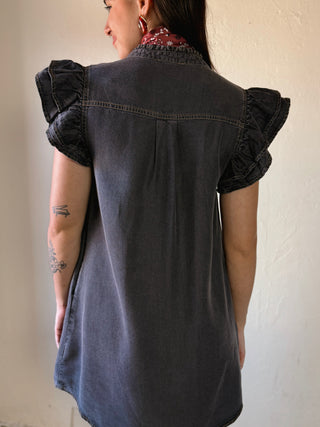 Washed Black Ruffle Denim Mini Dress