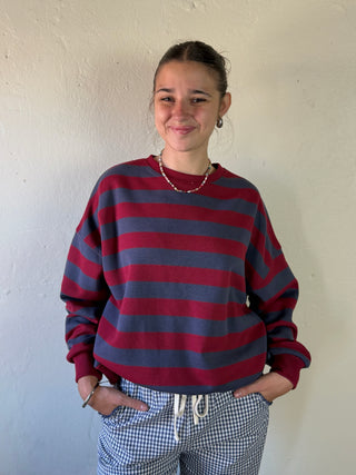 She + Sky Fireside Stripe Pique Top in wine and charcoal, featuring a stylish striped design and classic pique texture.